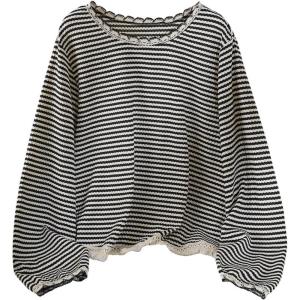 image:imageSOLY HUX Womens Plus Size Striped T Shirt Long Sleeve Crew Neck Tassel Hem Tee Casual Fall TopsBlack and White Striped