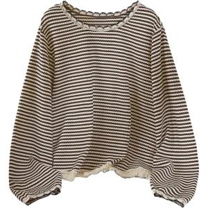 image:imageSOLY HUX Womens Plus Size Striped T Shirt Long Sleeve Crew Neck Tassel Hem Tee Casual Fall TopsBrown Striped