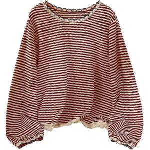 image:imageSOLY HUX Womens Plus Size Striped T Shirt Long Sleeve Crew Neck Tassel Hem Tee Casual Fall TopsBurgundy Striped