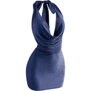 image:imageSOLY HUX Womens Shiny Deep V Neck Halter Bodycon Mini Dress Sleeveless Cocktail Prom Pencil DressesDark Blue