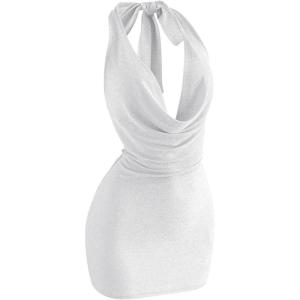 image:imageSOLY HUX Womens Shiny Deep V Neck Halter Bodycon Mini Dress Sleeveless Cocktail Prom Pencil DressesPure White