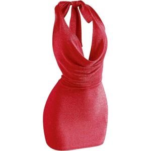 image:imageSOLY HUX Womens Shiny Deep V Neck Halter Bodycon Mini Dress Sleeveless Cocktail Prom Pencil DressesSolid Red