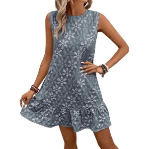 image:imageSOLY HUX Womens Sleeveless Tank Dress Round Neck Ruffle Hem Casual Jacquard Hem Smock Summer Mini Dresses for WomenPlain Dusty Blue