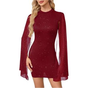 image:imageSOLY HUX Womens Sparkly Glitter Bodycon Mini Dress Sequin Long Bell Sleeve Mock Neck Prom Cocktail Party DressesPlain Burgundy