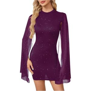 image:imageSOLY HUX Womens Sparkly Glitter Bodycon Mini Dress Sequin Long Bell Sleeve Mock Neck Prom Cocktail Party DressesPlain Purple