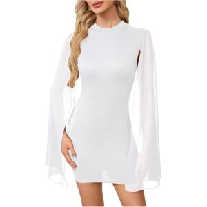 image:imageSOLY HUX Womens Sparkly Glitter Bodycon Mini Dress Sequin Long Bell Sleeve Mock Neck Prom Cocktail Party DressesPlain White