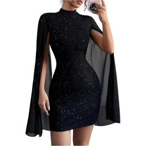 image:imageSOLY HUX Womens Sparkly Glitter Bodycon Mini Dress Sequin Long Bell Sleeve Mock Neck Prom Cocktail Party DressesPure Black