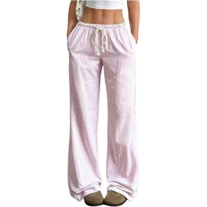image:imageSOLY HUX Womens Striped Drawstring Pants Straight Leg Casual Lounge Pajama Pants Boxer Bottoms Y2k Trousers with PocketSolid Pink
