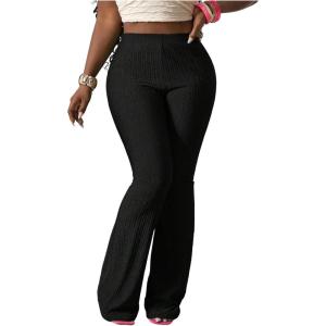 image:imageSOLY HUX Womens Textured Flare Leg Pants High Waisted Palazzo Bell Bottom Casual Long PantsPlain Black