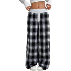 image:imageSOLY HUX Womens Wide Leg Plaid Pants Elastic Waist Button Baggy Sweatpants Lounge BottomsBlack and White