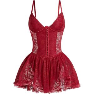 image:imageSOLY HUX Womens Y2k Lace Mini Dress Spaghetti Strap Corset Ruffle Hem Party Club DressesPure Burgundy