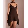 image:imageSOLY HUX Womens Deep V Neck Ruffle Mesh Dress Spaghetti Strap Asymmetrical Mini Dresses with ScarfPlain Coffee Brown