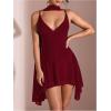 image:imageSOLY HUX Womens Deep V Neck Ruffle Mesh Dress Spaghetti Strap Asymmetrical Mini Dresses with ScarfPure Burgundy