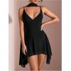 image:imageSOLY HUX Womens Deep V Neck Ruffle Mesh Dress Spaghetti Strap Asymmetrical Mini Dresses with ScarfSolid Black