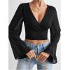 image:imageSOLY HUX Womens Mesh Crop Top Elegant Wrap V Neck Bell Sleeve Going Out T ShirtsPlain Black