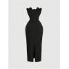 image:imageSOLY HUX Womens Midi Dress Floral Appliques Ruched Strapless Sleeveless Split Bodycon Tube DressesSolid Black
