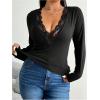 image:imageSOLY HUX Womens Plus Size Contrast Lace Deep V Neck T Shirt Long Sleeve Slim Fit Tee TopBlack