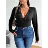 image:imageSOLY HUX Womens Plus Size Contrast Lace Deep V Neck T Shirt Long Sleeve Slim Fit Tee TopBlack