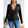 image:imageSOLY HUX Womens Plus Size Contrast Lace Deep V Neck T Shirt Long Sleeve Slim Fit Tee TopBlack