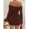 image:imageSOLY HUX Womens Ruched Mesh Off Shoulder Bodycon Mini Dress Bell Long Sleeve Club Party DressesPlain Brown