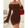 image:imageSOLY HUX Womens Ruched Mesh Off Shoulder Bodycon Mini Dress Bell Long Sleeve Club Party DressesPlain Brown