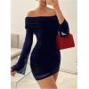 image:imageSOLY HUX Womens Ruched Mesh Off Shoulder Bodycon Mini Dress Bell Long Sleeve Club Party DressesPlain Dark Blue