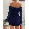 image:imageSOLY HUX Womens Ruched Mesh Off Shoulder Bodycon Mini Dress Bell Long Sleeve Club Party DressesPlain Dark Blue