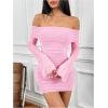 image:imageSOLY HUX Womens Ruched Mesh Off Shoulder Bodycon Mini Dress Bell Long Sleeve Club Party DressesPlain Pink
