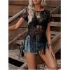 image:imageSOLY HUX Womens Sheer Fringe Tops Short Sleeve Floral Lace See Through Vintage T Shirts Vacation OutfitPlain Black