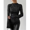 image:imageSOLY HUX Womens Sparkly T Shirt Mock Neck Bell Long Sleeve Ruched Fitted Tee Party Going Out TopsPure Black