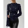 image:imageSOLY HUX Womens Sparkly T Shirt Mock Neck Bell Long Sleeve Ruched Fitted Tee Party Going Out TopsPure Blue
