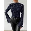 image:imageSOLY HUX Womens Sparkly T Shirt Mock Neck Bell Long Sleeve Ruched Fitted Tee Party Going Out TopsPure Blue