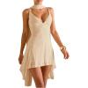 image:imageSOLY HUX Womens Deep V Neck Ruffle Mesh Dress Spaghetti Strap Asymmetrical Mini Dresses with ScarfPure Apricot