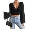 image:imageSOLY HUX Womens Mesh Crop Top Elegant Wrap V Neck Bell Sleeve Going Out T ShirtsPlain Black