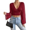 image:imageSOLY HUX Womens Mesh Crop Top Elegant Wrap V Neck Bell Sleeve Going Out T ShirtsPure Burgundy