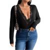 image:imageSOLY HUX Womens Plus Size Contrast Lace Deep V Neck T Shirt Long Sleeve Slim Fit Tee TopBlack