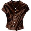 image:imageSOLY HUX Womens Satin Shirts Silk Button Down Collared Short Sleeve Ruched Dressy Casual Work Blouse TopsPure Coffee Brown