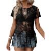 image:imageSOLY HUX Womens Sheer Fringe Tops Short Sleeve Floral Lace See Through Vintage T Shirts Vacation OutfitPlain Black