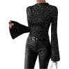 image:imageSOLY HUX Womens Sparkly T Shirt Mock Neck Bell Long Sleeve Ruched Fitted Tee Party Going Out TopsPure Black