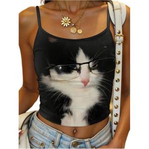 image:imageSOLY HUX Womens Cute Graphic Cami Tops Cat Print Spaghetti Strap Summer Crop Tops CamisoleBlack Cat
