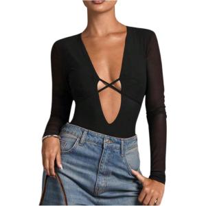 image:imageSOLY HUX Womens Deep V Neck Long Sleeve Bodysuits One Piece Leotard Party Tee TopsPure Black