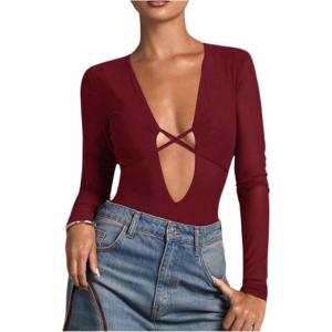 image:imageSOLY HUX Womens Deep V Neck Long Sleeve Bodysuits One Piece Leotard Party Tee TopsPure Burgundy