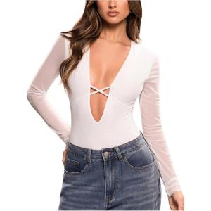 image:imageSOLY HUX Womens Deep V Neck Long Sleeve Bodysuits One Piece Leotard Party Tee TopsPure White