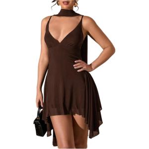 image:imageSOLY HUX Womens Deep V Neck Ruffle Mesh Dress Spaghetti Strap Asymmetrical Mini Dresses with ScarfPlain Coffee Brown