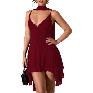 image:imageSOLY HUX Womens Deep V Neck Ruffle Mesh Dress Spaghetti Strap Asymmetrical Mini Dresses with ScarfPure Burgundy