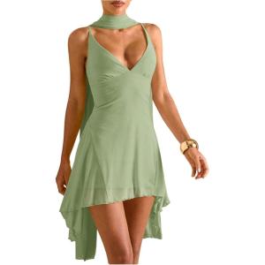 image:imageSOLY HUX Womens Deep V Neck Ruffle Mesh Dress Spaghetti Strap Asymmetrical Mini Dresses with ScarfPure Mint Green