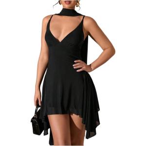 image:imageSOLY HUX Womens Deep V Neck Ruffle Mesh Dress Spaghetti Strap Asymmetrical Mini Dresses with ScarfSolid Black
