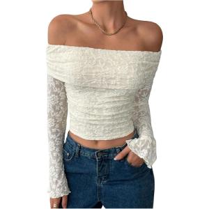 image:imageSOLY HUX Womens Floral Lace Off The Shoulder Tees Long Sleeve Shirts Tight Fitted Going Out TShirt Crop TopsSolid White