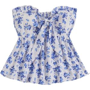 image:imageSOLY HUX Womens Floral Print Tie Front Tube Top Strapless Sleeveless Ruffle Hem Summer Bandeau TopsBlue and White Floral