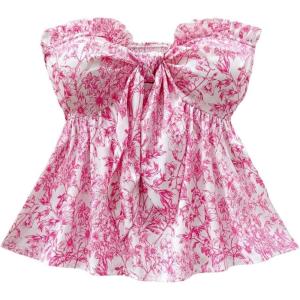image:imageSOLY HUX Womens Floral Print Tie Front Tube Top Strapless Sleeveless Ruffle Hem Summer Bandeau TopsPink Floral